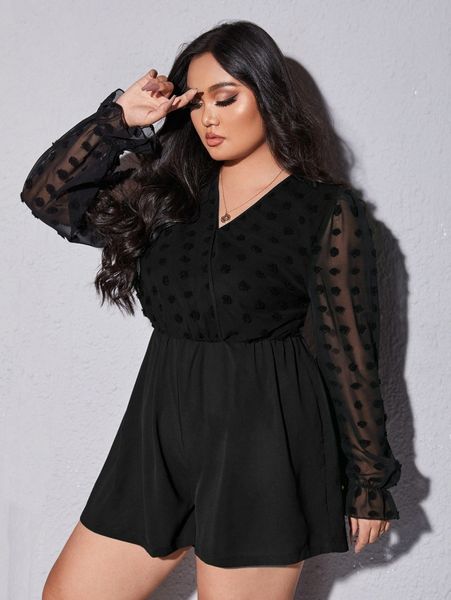

plus swiss dot flounce sleeve romper p9ah#, Black