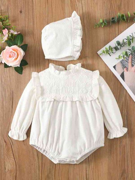 Bebê Floral Padrão Rib Knit Frill guarnição Bodysuit de manga de baliga com chapéu ela