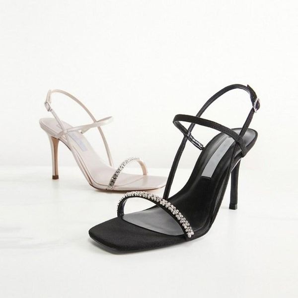 

sandals high heeled shoes thin with square head and open toe, Black