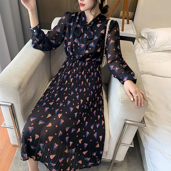 

casual dresses women floral chiffon dress spring autumn long sleeve elastic waist bow single breasted pleated midi female vestidos robe, Black;gray
