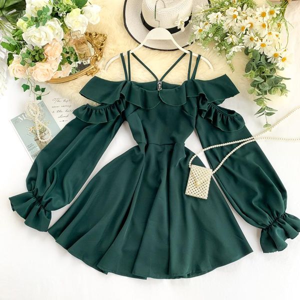 

casual dresses women's spring autumn 2021 dress hollow shoulder ruffled puff sleeve a-line women empire slash neck short ml733, Black;gray