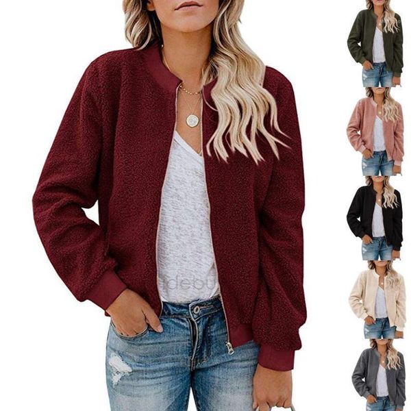 

women's wool & blends women fleece woolen jacket coat 2021 winter casual loose zipper baseball female solid zip up long sleeve retro st, Black