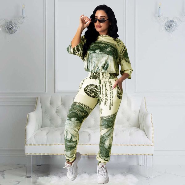 

women's fashion and leisure two piece set with dollar printing, White