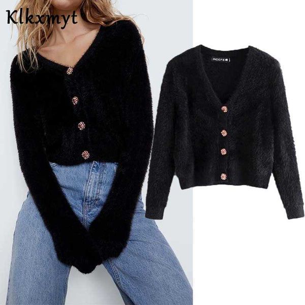 

klkxmyt za women fashion faux fur jewelry button knitted cardigan sweater vintage long sleeve female outerwear chic 210527, White