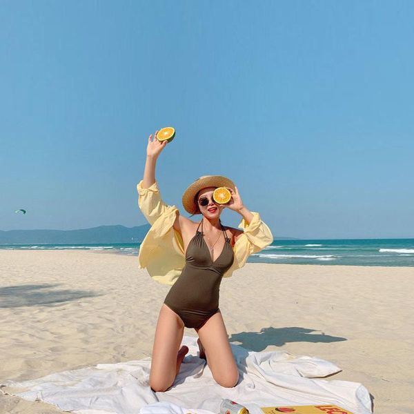 

one-piece suits candy color cross swimwear women's beach strappy bikini suit