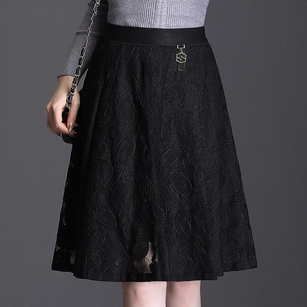 

skirts 2021 spring elastic tight high waist slimming simple black lace skirt casual all-match women a-line tide