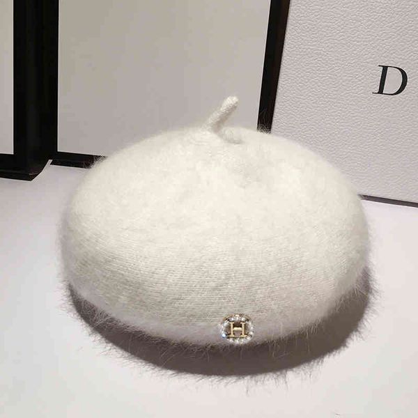 

angora rabbit hair beret women's autumn and winter white versatile leisure bud painter hat fashion, Blue;gray