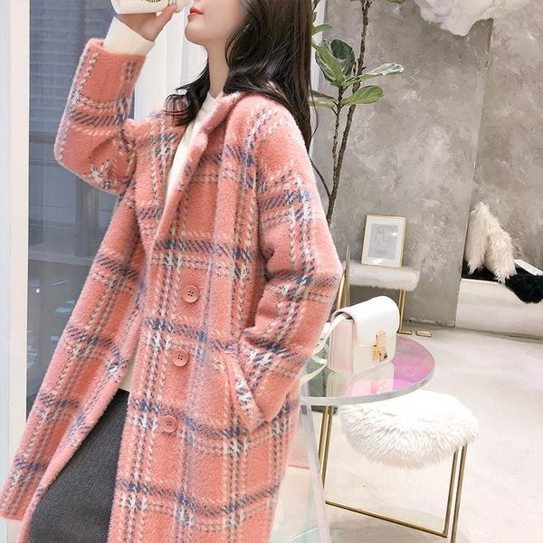 

women's knits & tees mid-length plaid coat 2021 autumn and winter korean loose thick knitted jacket, White