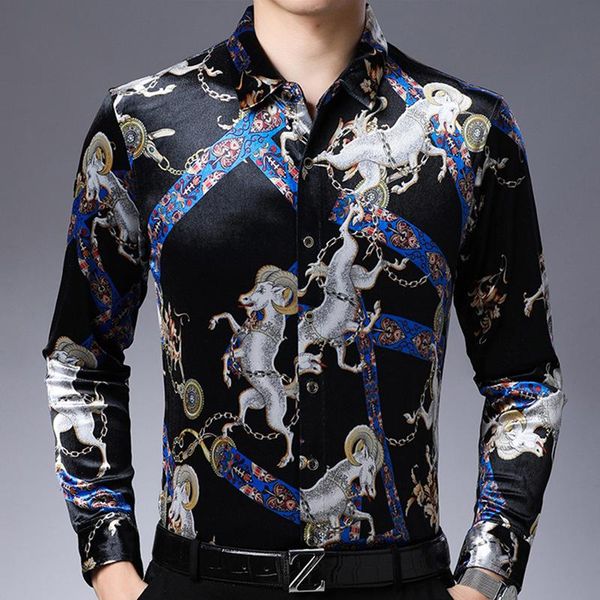 

men's casual shirts creative animal pattern printing fashion long-sleeved shirt autumn quality velvet soft smooth luxury men -xxxl, White;black