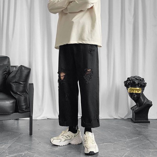 

men's jeans korean wide-leg fashion casual ripped men streetwear loose hip-hop hole straight-leg denim trousers mens -5xl, Blue