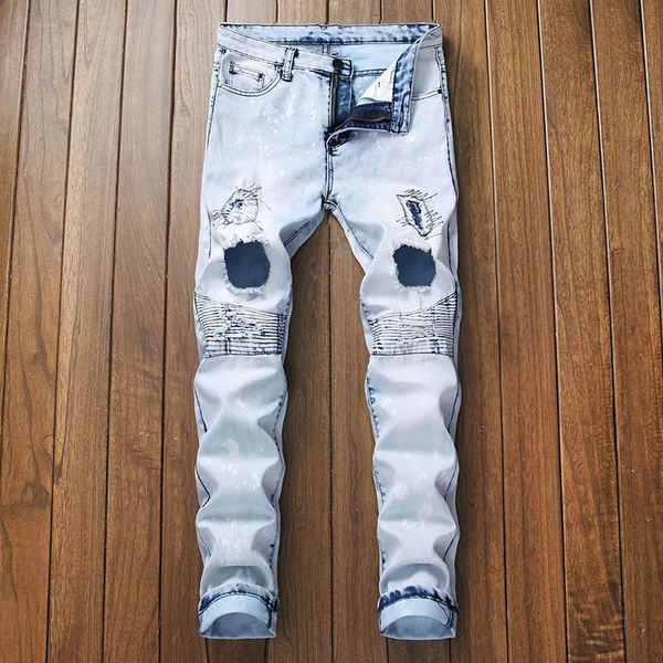 

cross border goods source men's wear locomotive light color jeans embroidered hole trousers quick selling pants, Blue