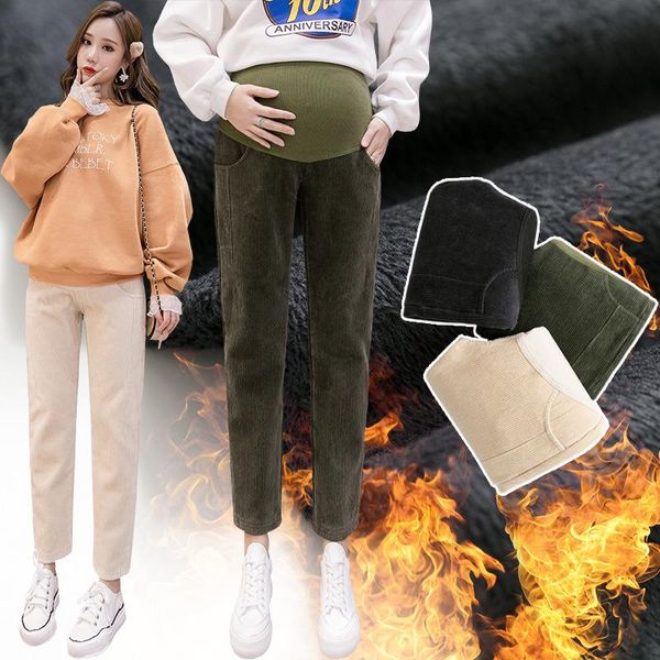 

winter autumn maternity corduroy thick pants elastic waist belly pregnant women trousers for pregnancy plus velvetÂ clothes bottoms, White