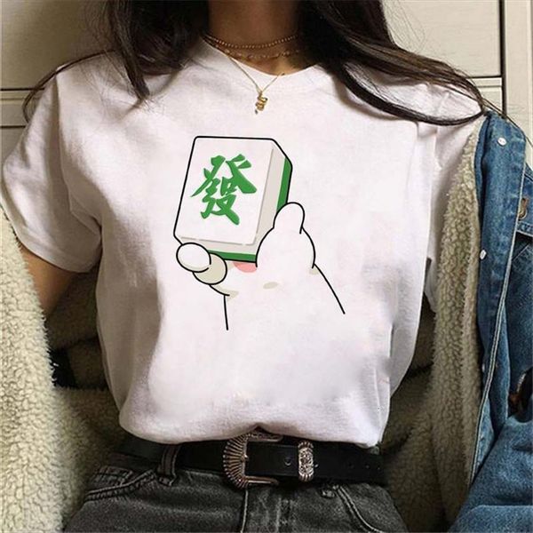 

mahjong cartoon print harajuku summer women tshirts casual round neck short sleeves tee funny clothes, White