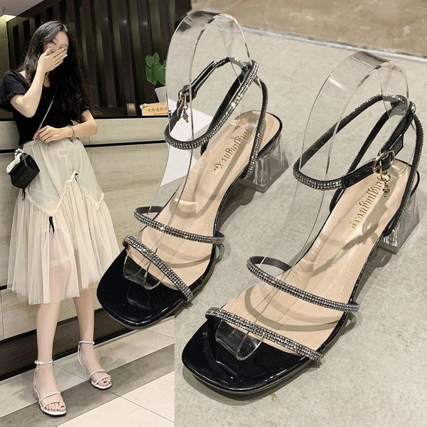 

sandals summer diamond women's shoes button fashion high heel versatile, Black