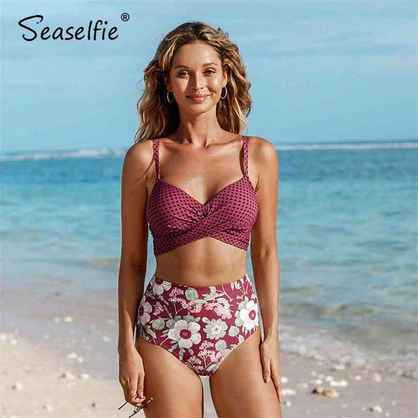 SEASELFIE Push Up High-Waist Bikini Sets Frauen Sexy Red Polka Dot und Floral Twist Zwei Stücke Badeanzüge Strand Schwimmen Anzug 210712