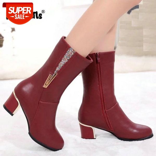 

warm women snow boots pu leathe high heels winter shoes woman mid-calf boots female fashion zipper casual mujer w122 #m87g, Black