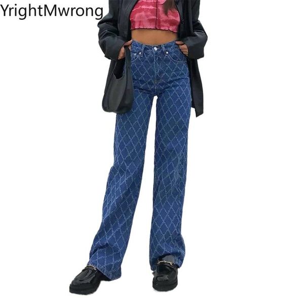 

high waist loose straight leg plaid arygle vintage streetwear long denim pant women fashion boyfriend jeans baggy style casual women's, Blue