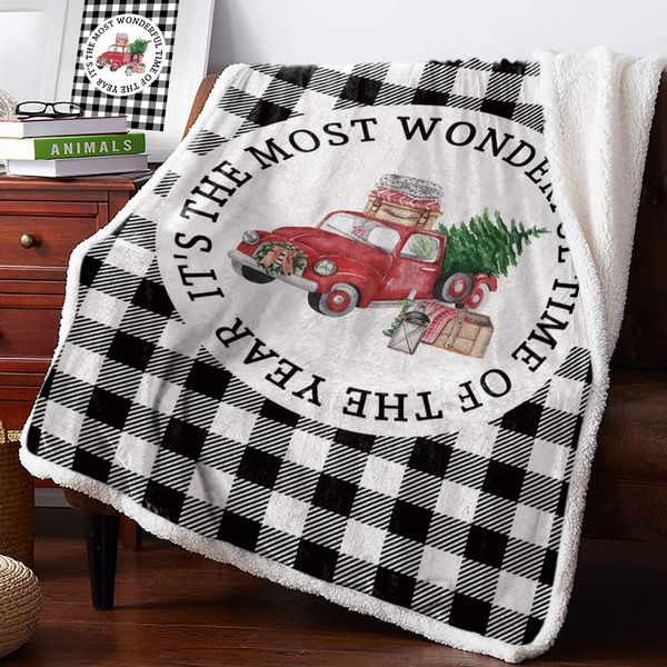 

Red Rustic Truck Pickup with Christmas Tree Sherpa Flannel Throw Blankets Thick Reversible Plush Fleece Blanket for Bed Couch