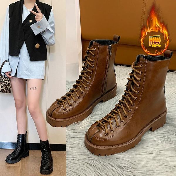 

boots fashion designer women female platform leather black white lace-up short lady motorcycle