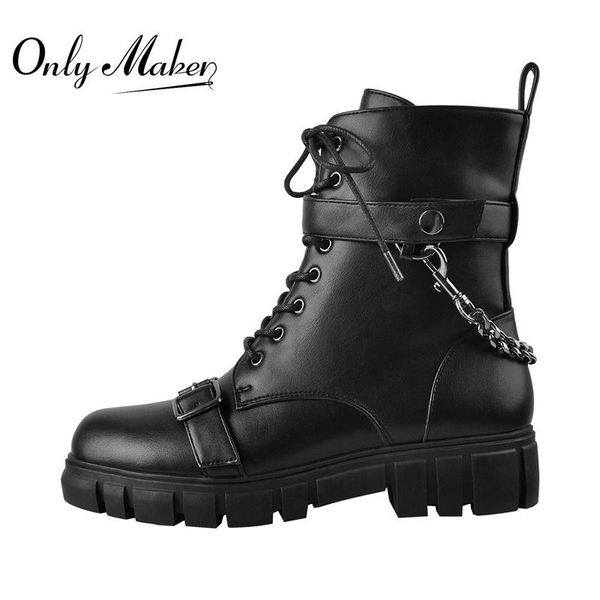 

boots onlymaker 2021 fashion women lace up ankle metal chain decoration matte black flat heels shoes comfortable zipper