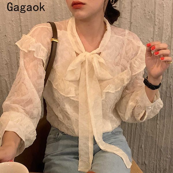 

blouse women spring autumn solid v-neck ruffles bow loose sweet shirts elegant korean chic wild fashion blouses 210531, White