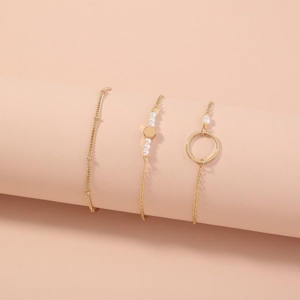 

link, chain minimalist geometric pearl beadeds bracelet set for women round pendant metal adjustable bangle jewelry, Black