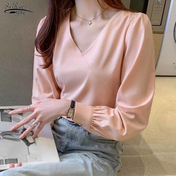

v-neck elegant solid pullover loose autumn ladies shirt lantern long sleeve spliced blouse women blusas mujer 11374 210508, White