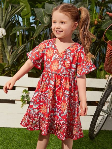 

toddler girls surplice neck floral print flounced hem dress she, Red;yellow