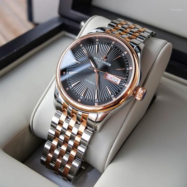 

reef tiger/rt classic prophet luxury dress watch blue dial two tone case mens automatic rga8232 wristwatches, Slivery;brown