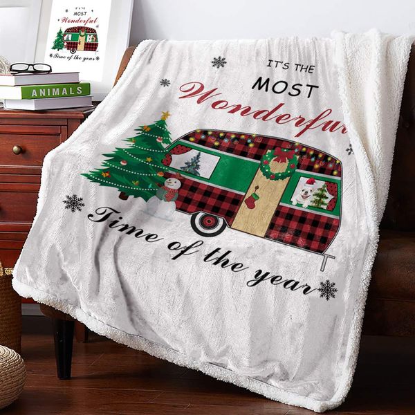

RV Camper Xmas Tree Quotes Sherpa Flannel Throw Blankets Thick Reversible Plush Fleece Blanket for Bed Couch Sofa Decor