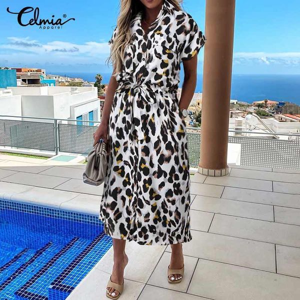 

dresses leopard print high waist sundress celmia women elegant midi shirt dress summer casual short sleeve button cargo vestido 5xl, Black;gray