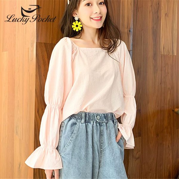 

women's blouses & shirts women spring autumn pink slim square collar butterfly sleeve shirt female sweet solid color ladies casual zm4, White