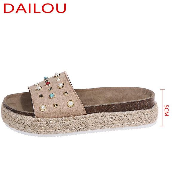 

women's slippers fashion sandals simple vamp rhinestone rivets embellished thick-soled beach shoes, Black