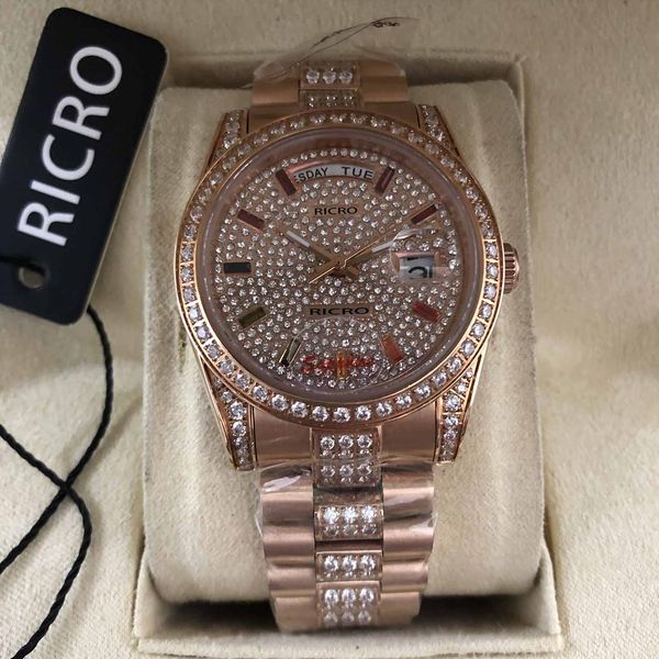 

watch, master, automatic mechanical movement, diamond star dial, color scale, women's rose gold, stainless steel watchband, sapphire gl, Slivery;brown