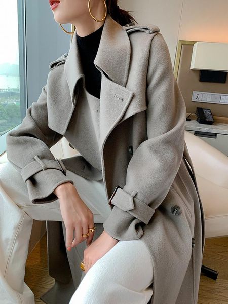 

women's wool & blends elephant grey cashmere double faced tweed coat 2021 winter long temperament lace up, Black