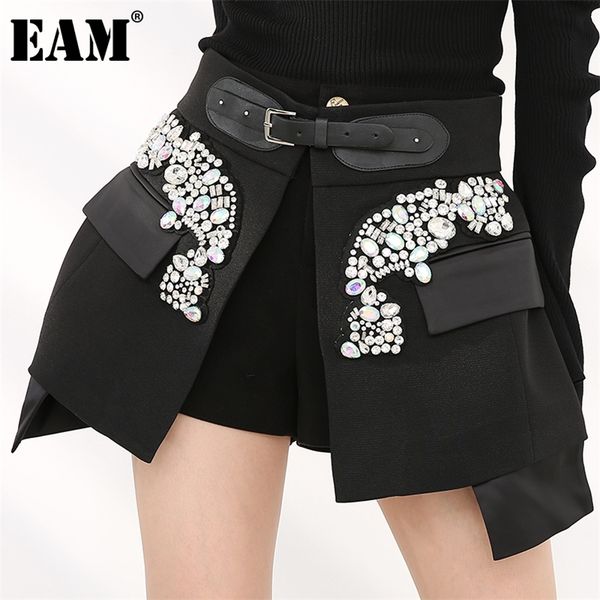 

[eam] high waist rhinestones irregular temperament mini half-body skirt women fashion tide new spring autumn jy75801 210319, Black