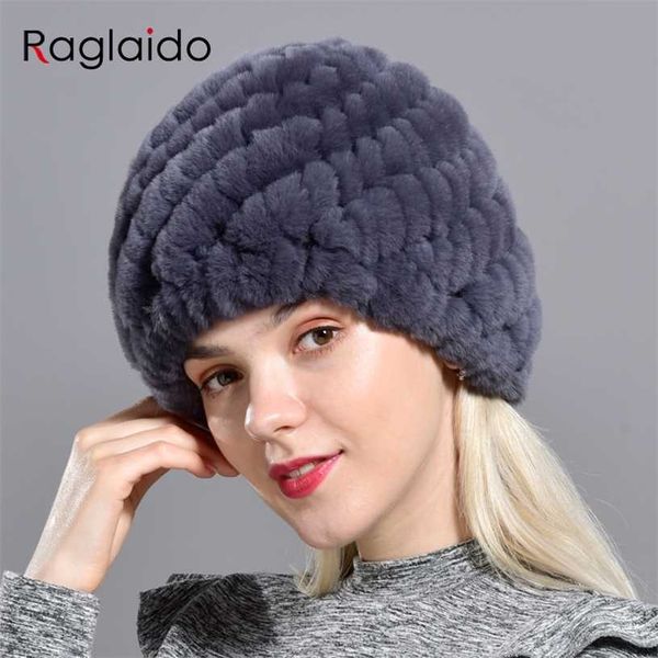 Raglaido Kaninchen Winter Pelzmütze für Frauen Russische Echtpelz Strickmütze Kopfbedeckung Winter Warme Beanie Hüte Modemarke LQ11279 211228