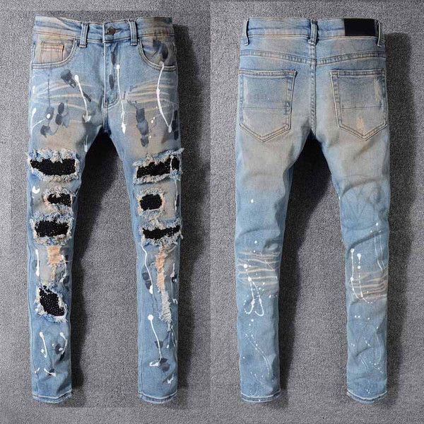 Мужские и женские дизайнерские джинсы Amirs, рваные байкерские тонкие прямые джинсовые брюки для мужчин с принтом, армейские модные мужские узкие брюки G5