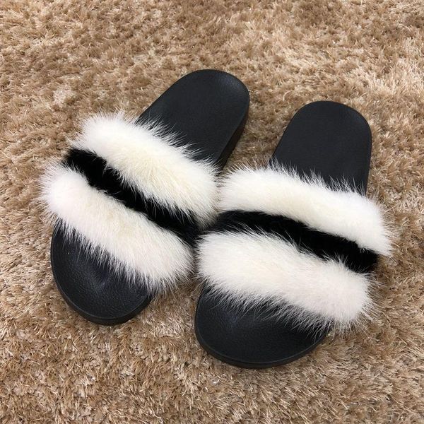 

slippers 2021 spring fur women outdoor black white striped ladies flat shoes woman casual flats summer slides sandals