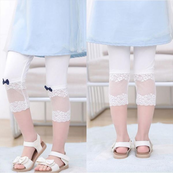 

girls leggings summer thin section children kids pants baby lace elastic waist cropped 3 7 years old, Blue