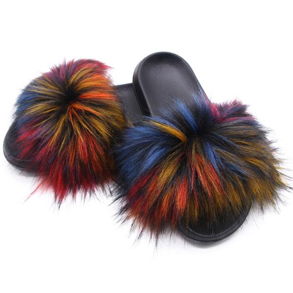 

wholesale customized pvc summer raccoon fur slippers fake slides for toddler baby kids, Black
