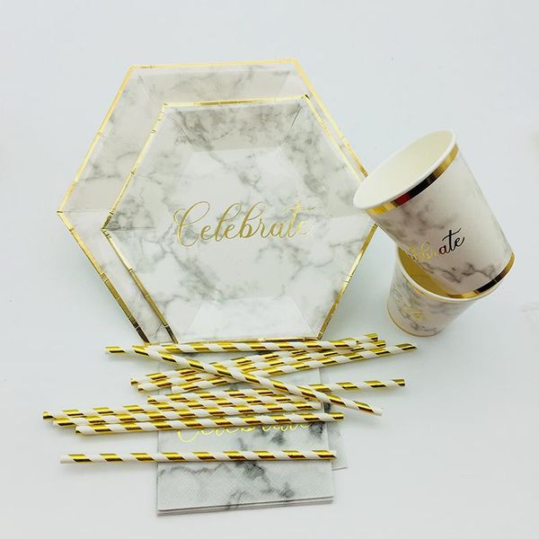 

disposable dinnerware 72sets marble paper tableware foil gold plate cups napkins straws for birthday wedding party supplies modern table set