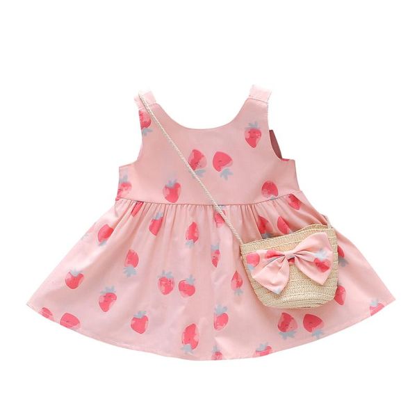 

girl's dresses born infant baby girls summer dress set sleeveless strawberry bow princess bag outfits girl outfit costume#35, Red;yellow