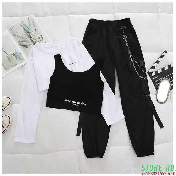 

women's pants & capris sports casual suit loose harem high waist slim short long sleeve t-shirt vintage punk jersey streetwear, Black;white