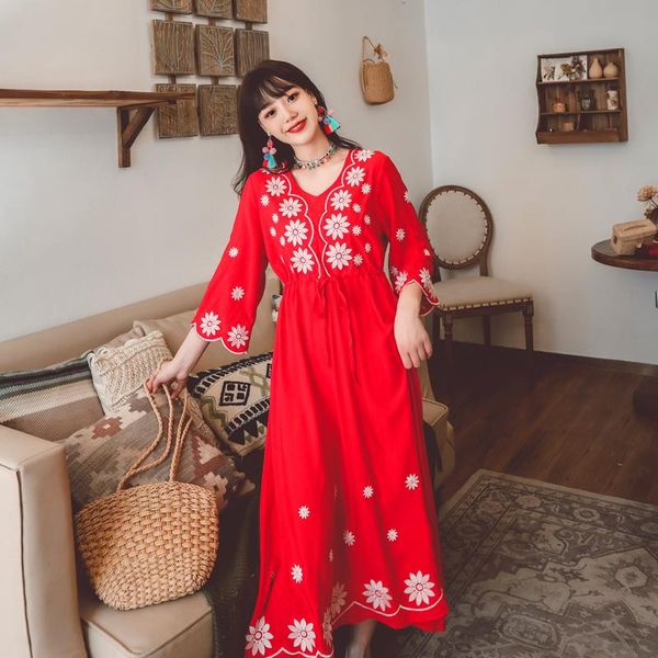 

film bohemia folk embroidery loose waist with tourism holiday dress three color casual dresses, Black;gray