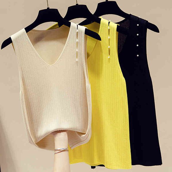 

women's tanks & camis fashion beading thin knitted women summer hollow out sweet sleeveless girl woman clothes vetement, White