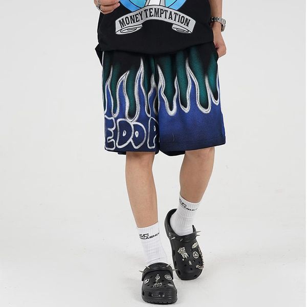

men's shorts harajuku flame print spliced summer for men and women drawstring oversize wide leg casual five point pants, White;black