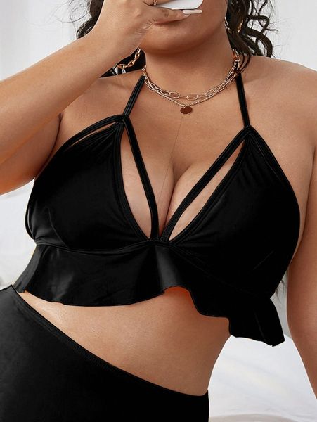 

plus ruffle hem harness bikini g9iu#, Black