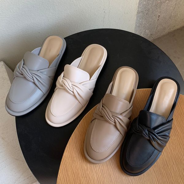 

2021 Women Slippers Pleated Round Toe Ladies Flat Slides Fashion Slip On Mules Woman Elegant Flats Slippers Female Flip Flops, Gray