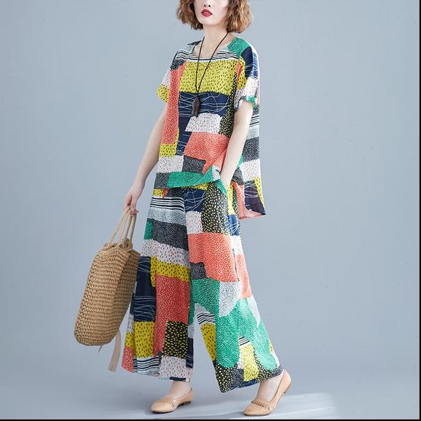 

plus size womens tracksuits women sets summer big loose female set suits cotton linen lady shirt wide leg pants, Gray